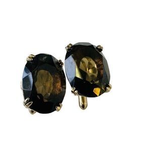 Smokey Quartz Cufflinks Unisex Domed Gold Toned Brown Faceted Oval Stone Vintage